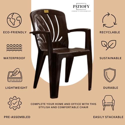 Image of Patiofy Plastic Chair for Home & Outdoor Use | Heavy Duty Comfortable Chair with Strong Legs | Stackable, Easy to Clean | Suitable for Living Room, Balcony, Patio Pack of 1 (Elba Brown)