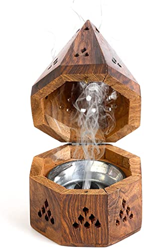 Dinil - 5 Inch Temple Wooden Charcoal / Cone Burner - Top Cone Shape, Handcrafted Wooden Incense Burner Box Temple Shape #TOP1