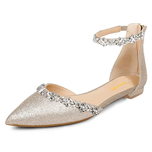 Image of XYD Women Classic Pointed Toe D'Orsay Wedding Flat Sandals Sparkly Rhinestones Ankle Strap Low Heel Dress Shoes with Zipper
