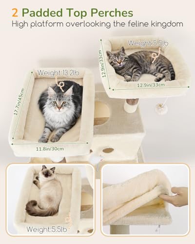 Image of Globlazer Heavy Duty Cat Tree Tower 80in Tall Extra Large Cat Tree Tower for Multiple Indoor Cats Large Adult with Scratching Posts, 2 Spacious Condos, Padded Perches, Soft Hammock, S80B, Beige