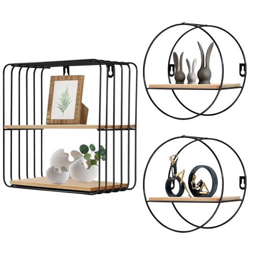 Gucass Juego de 3 Estantes de Pared de Metal Negro, Baldas Flotantes Decoración de Pared, Estantería Decorativa para Baño, Sala de Estar, Cocina, Dormitorio, Cuadrado + Círculo