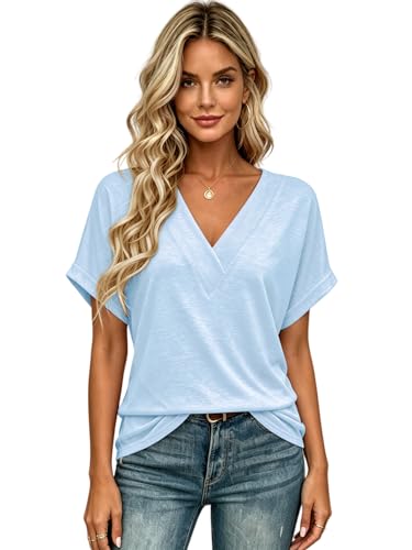 Image of T Shirts Short Sleeve V Neck Tees Womens Tops Beach Vacation Fashion Clothes 2026 Casual Summer Spring Fall Outfits