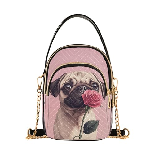 Pug Pink Rose Dog Crossbody Bag for Women Shoulder Handbag Ladies Purse Cell Phone Tote Bags2