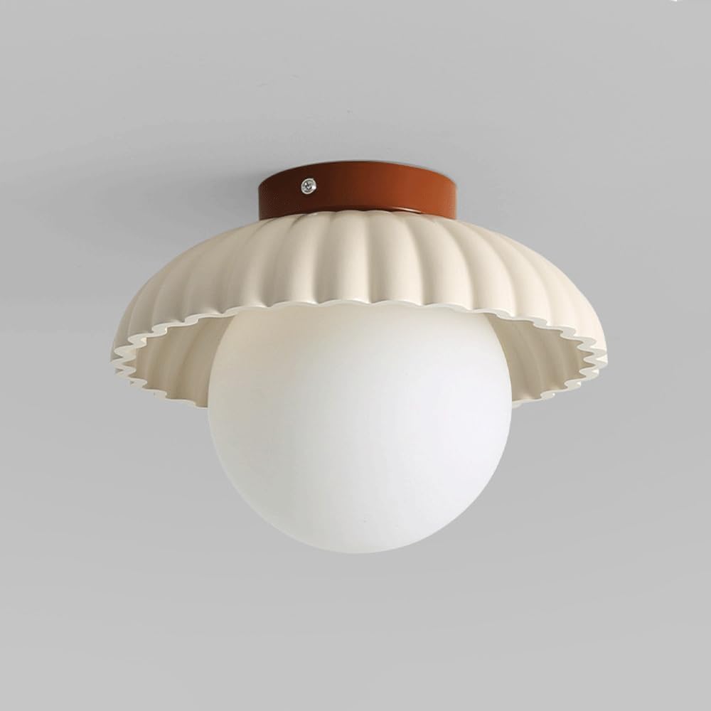 Lampa sufitowa do przedpokoju, balkonu, mała kremowa, szklana kula, lampa sufitowa z pojedynczą głowicą, częściowo zlicowana, do kuchni, przedpokoju, pralni, salonu, jadalni, oświe