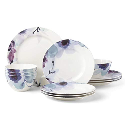 LENOX 885148 Indigo Watercolor Floral 12-Piece Dinnerware Set, 18.45 LB, Blue