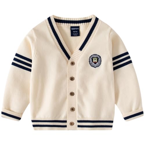 Yaopelky Cárdigan de punto con botones y cuello en V para niños, abrigo de manga larga bordado, chaqueta casual, beige, 6-7 años