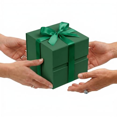 Image of LIFELUM Dark Green Gift Box 7 x 7 x 7 inch, 1 Pack Elegant Cube Gift Box with Magnetic Lid, Card, Ribbon, Shredded Filler for Christmas, Birthday, Wedding, Valentine's Day