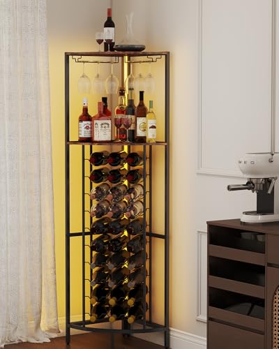 Baoz 30 Bottle Corner Wine Cabinet Corner Wine Rack with LED Light Liquor Cabinet Bar for Home with Wine Glass Rack Wine Rack Freestanding Floor for Living Room Dining Room Kitchen Home Bar