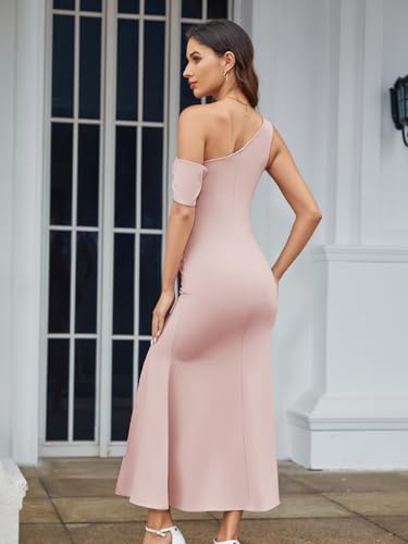 Image of Women One Shoulder Dress Sleeveless Elegant Split Bodycon Mermaid Ruched Wedding Guest Cocktail Evening Long Dresses