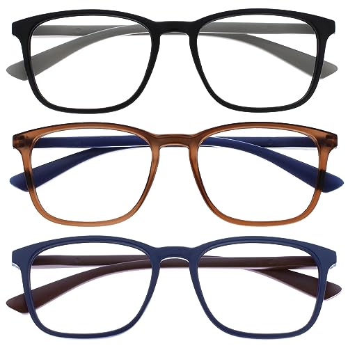 OPULIZE Max Gafas de Lectura - Pack de 3 - Marco Rectangular Clásico Grande - Negro Mate Marrón Azul - Unisex Hombres Mujeres - Bisagras de Resorte - RRR78-123 - +1.00