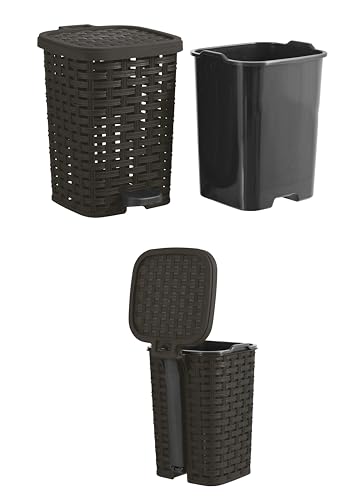 Image of Superio Mini Trash Can with Foot Pedal Small Outdoor Garbage Can with Lid, 1.5 Gallon Plastic Waste Basket for Bathroom, Bedroom, Kitchen, Office, Patio (Wicker Brown 6 QT.)