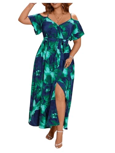 Image of Floerns Women's Plus Size Cold Shoulder Short Sleeve Split Thigh Long Dress
