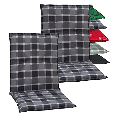 Beo Niedriglehner Auflagen 2er Set Barcelona | Made in EU nach Öko-Tex Standard | Waschbare Stuhlauflage Niedriglehner mit Halteband | Atmungsaktive Auflagen Niedriglehner in Grau-Weiß Kariert