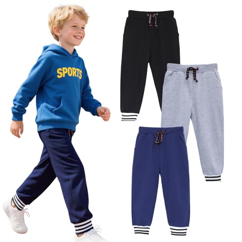 HILEELANG Toddler Boys Cotton Jogger Sweatpants 3 Pack, Soft Adjust Elastic Waist Pants with Pockets, Sizes 12M-7T