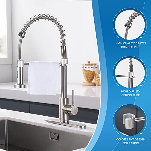 Phichi Brushed Nickel Kitchen Faucet With Pull Down Sprayer, High Arc Single Handle Spring Kitchen Sink Faucets For Laundry Utility Rv Wet Bar Sinks With Deck Plate, 1 Or 3 Hole Compatible. #TOP6