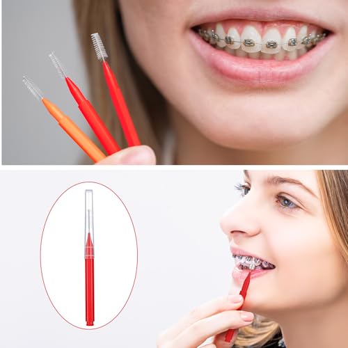 Image of Patelai 100 Pieces Braces Dental Brush for Cleaner Interdental Toothpick Dental Tooth Flossing Head Oral Hygiene Flosser Toothpick Cleaners Tooth Tool(Orange,Red,Suitable Size)