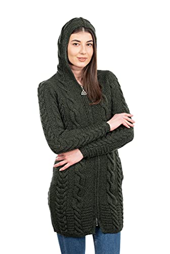 SAOL 100% Merino Wool Aran Cable Knit Hooded Zip Cardigan Irish Coat3