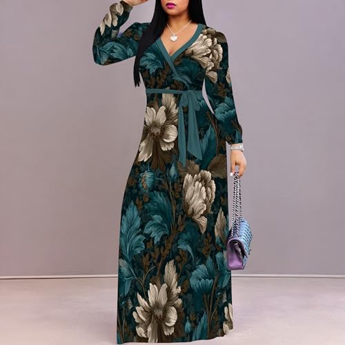 Image of PinkPatty Women's Print Maxi Dresses 3 /4 Sleeve Flowy Long Dress V Neck Wrap Tie Waist Sundress