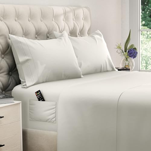 Image of DREAMCARE Full Size Sheets - Cooling Sheets - 4pcs Set - up to 15 inch Deep Pocket Full Sheet Set - Sheets Full Size Bed - Soft & Long Lasting 100% Fine Brushed Polyester with Side Pocket - Ivory