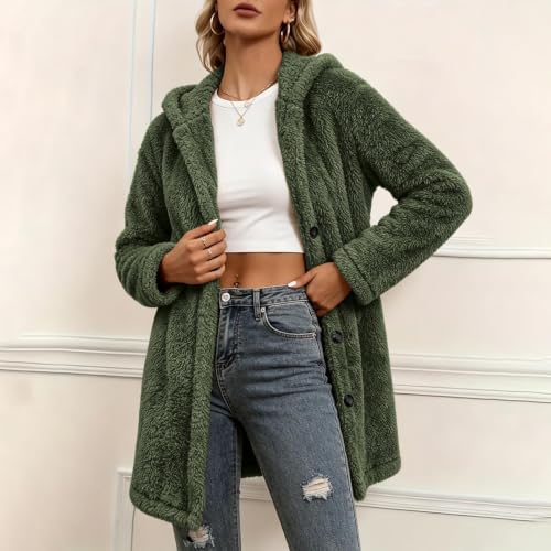 Sherpa Fleece Jacket Women Hooded Long Button Coat Travel Winter Daily Wear - image 8