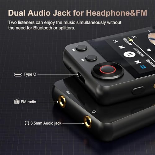Image of AUDIOCULAR M71 MP3 Music Player with Bluetooth 5.3, HiFi Speaker, 2.4 inch Touch Screen, 32GB Storage (Up to 128GB), Dual Audio Jack, Type-C Port, Video Playback, E-Book, Alarm, FM Radio etc. (32GB-Black)