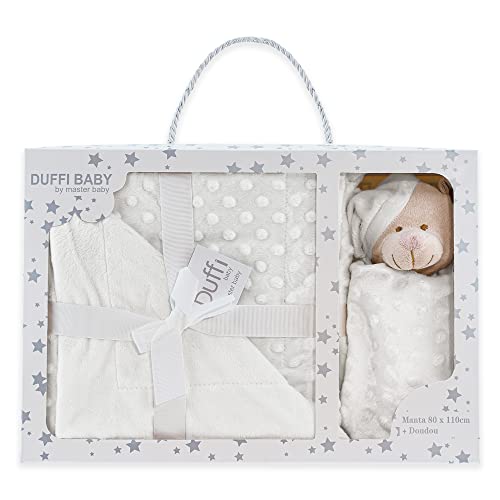 Duffi Baby - Manta y Dou Dou Bebe Recien Nacido. Set de Regalo para Bebes. Manta Burbuja + Peluche atrapasueños Infantil Suave. Manta para Cuna Cama minicuna. Tamaño 80x110 cm y 24x24 cm. Blanco