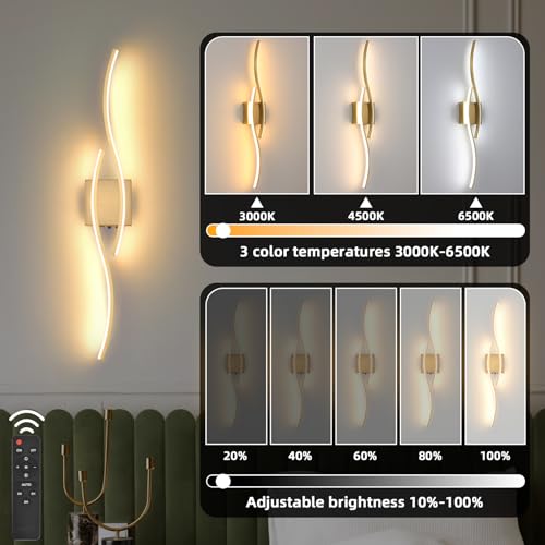 Image of Battery Powered Wall Sconces Set of 2, Gold 31.4 inch LED Dimmable Wall Sconce with Remote Control /Timer /Memory, USB Rechargeable Wall Lights for Living Room, Bedroom, Hallway Wireless scones Lighting