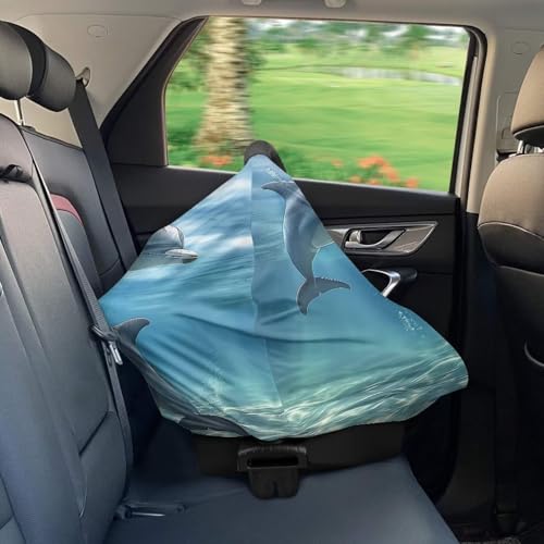Image of ZFRXIGN Dolphin Baby Car Seat Cover Blue Ocean Theme Nursing Cover for Girls Soft Infant Carseat Canopy,Shopping Cart /High Chair /Stroller Covers, Baby Shower Gifts