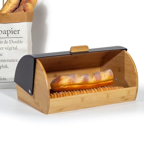 Foto von GREELUE Brotkasten Metall Holz, Brotbox Schwarz, Brot Aufbewahrungsbox groß, Brotkorb mit Deckel, Bread Box Küche, Brotbeutel (Schwarz-39cm)