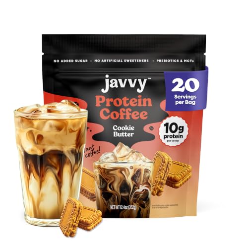 Image of Javvy Protein Iced Coffee - Premium Whey Protein & Iced Coffees, 100% Natural Cold Brew, Zero Artificial Flavors & Sweeteners, 80mg Caffeine, No Added Sugar, 20 Servings, Cookie Butter, 1 Pack