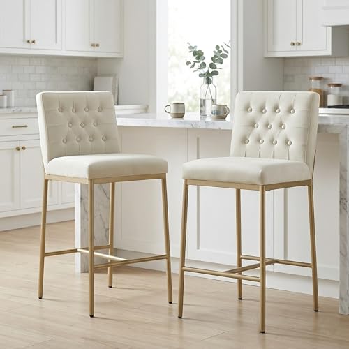 Image of CHITA Modern Bar Stools with Tufted Back Set of 2, 26 inch Counter Height Bar Stool with Metal Legs for Kitchen Island & Dining Room, Ivory Fabric, Gold Frame