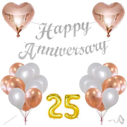 Image of Flyloons 25th Happy Anniversary Decoration Items Rose Gold White for Women Husband Wife Mom Dad Couple Bedroom Car With 20 Pcs Metallic Balloons Anniversary Banner 2 Pcs Heart Set Kit Silver Jubilee