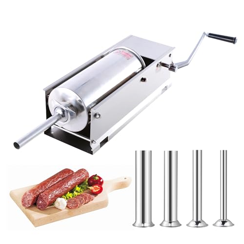 Clivia 5L/11Lb Sausage Stuffers,Horizontal Sausage Stuffer 304 Stainless Steel with 4 Filling Tubes,2 Speeds Maker Adjustable,Manual Sausage Machine For Home & Commercial