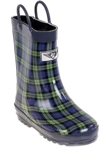 Forever Young Kid's Rubber Pull Up Plaid Print Rainboots, 13, Navy2