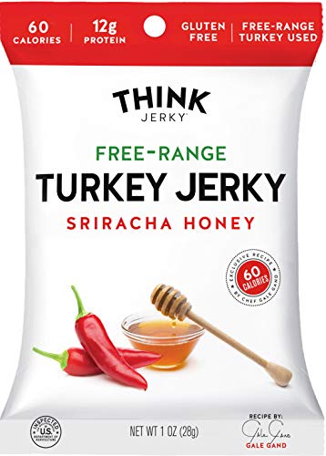 Sriracha Honey Turkey Jerky by Think Jerky â€” Delicious Chef Crafted Jerky â€” Free-Range Turkey With No Gluten or Antibiotics Added â€” Healthy Protein Snack Low in Calories and Fat â€” 1 Ounce (8 Pack)