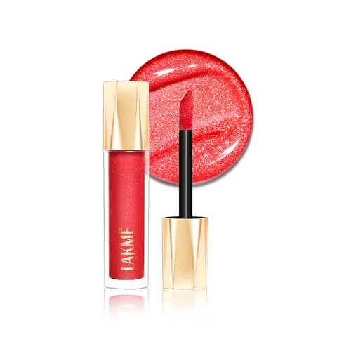 Image of Lakme Glitterati Lip Glaze, for Plump and Shiny Lips, with Vegan Collagen and Crystal Technology, Non-Sticky Formula, Glitter Infused, Delicious Coconut-Vanilla Scent, 101 Scarlet Spritzer 5ml