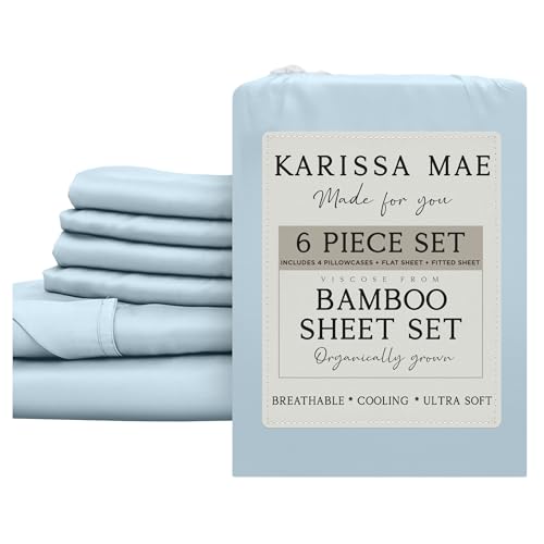Image of KARISSA MAE 6 Piece Luxury Bamboo Viscose King Sheet Set, 4 Pillowcases | FSC Certified | Cooling | Ultra Soft | 18 inch Deep Pockets | Elastic Corner Straps | Includes Organizer Band [Coastal Blue]