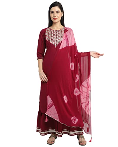 Image of Rajnandini Women's Cambric Cotton Solid Pure Embroidered Kurta Set With Dupatta