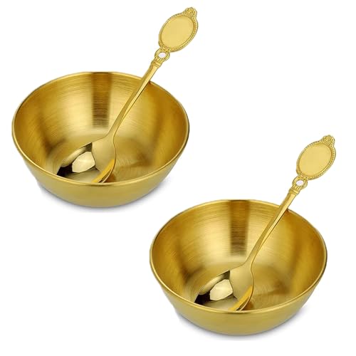 Image of XINDAOLAISHENGQ 2 Set Golden Dip Bowls - Stainless Steel Snack Serving Dishes with Spoon for Home Kitchen