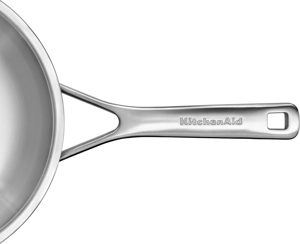KitchenAid MultiPly Poêle En Inox 3 Couches 28 Cm, Sans Revêtement, Noyau Aluminium, Bord Verseur, Induction, Four 220°C, Lave-Vaisselle, Argent