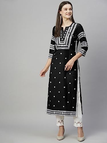 Image of ANNI Designer Women's Cotton Straight Fit Straight Viscose Chikankari Embroidered Kurta