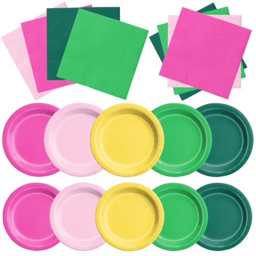 Image of CMUSKO Flamingo Party Decorations - 60pcs Hot Pink Dark Green Plates and Napkins Set Summer Hawaiian Tropical Tableware for Birthday,Bachelorette Party