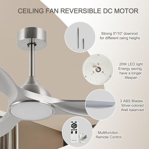 Image of 52 Inch Modern 3 Blade Silver Ceiling Fan with Lights Remote Control