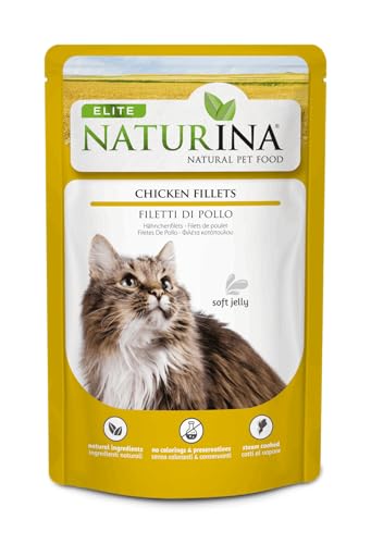 NATURINA - Elite húmedo para gatos, filetes de pollo, cocido al vapor y conservado en suave gelatina (soft jelly), sin conservantes ni colorantes sintéticos, para todos los tamaños, 24 bolsitas de 70