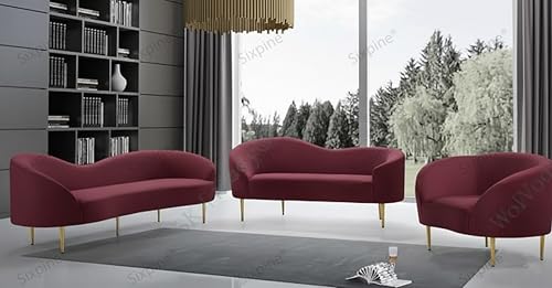 Image of Rosewood Luxury Curved Sofa in Premium Velvet-Fabric | Solid Wood Structure | High Density Foam | Sturdy Golden Legs | Comfortable & Stylish Couch for Modern Living Room (Red Wine, 2 Seater)