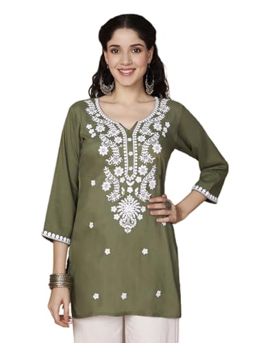 Image of Short Kurti for Women for Jeans, Chikankari Kurtis for Ladies, Lakhnavi V- Neck Women's Tunic Design Kurta, Floral Kurtas & Tunics for Woman