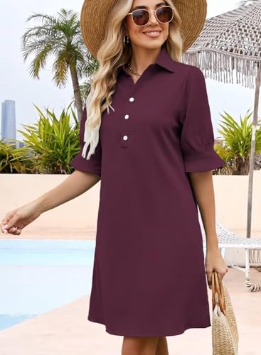 Image of Womens Summer Shirt Dress 2026 Casual Ruffle Short Sleeve Button Down Flowy Swing Shift Mini Dresses with Pockets