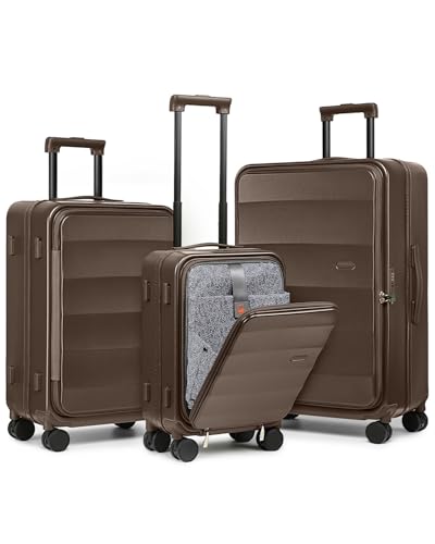 Image of Joyway Luggage Set 3 Piece Top Opening Suitcase Set with Spinner Wheel and TSA Lock, PC Hard Shell Carry on Luggage with Front Pocket for Woman Men (Coffee)