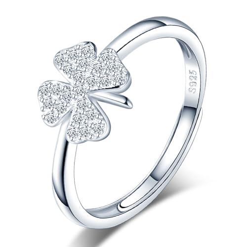 MICGIGI Anello da donna regolabile in argento sterling 925, con zirconi, quadrifoglio, anello aperto, Argento