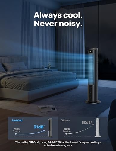 Image of DREO Evaporative Air Swamp Cooler, 40 inch Standing Fans that Blow Cold Air, 80 Oscillating Bladeless Cooling Fan for Bedroom, Removable Water Tank, Ice Packs, Remote Control, 4 Speeds, 7H Timer, Black